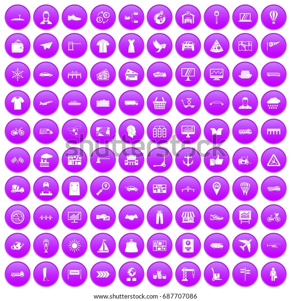 100 logistic and delivery icons set\
in purple circle isolated on white vector\
illustration