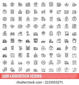 100 Logistiksymbole gesetzt. Outline-Illustration von 100 Logistiksymbolen, Vektorset einzeln auf weißem Hintergrund