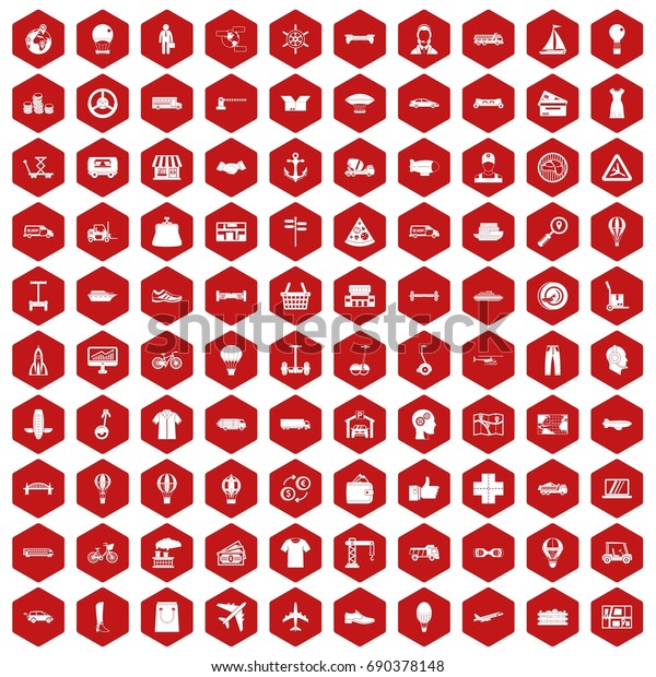 100 logistics icons set in red hexagon\
isolated vector\
illustration