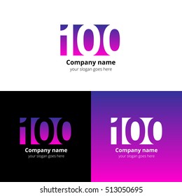100 logo icon flat and vector design template. Monogram years numbers one and zero. Logotype one hundred with violet-purple gradient color. Creative vision concept logo, elements, sign, symbol.