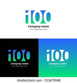 100 logo icon flat and vector design template. Monogram years numbers one and zero. Logotype one hundred with blue-green gradient color. Creative vision concept logo, elements, sign, symbol for card.