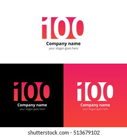 100 logo icon flat and vector design template. Monogram years numbers one and zero. Logotype one hundred with red-pink gradient color. Creative vision concept logo, elements, sign, symbol for card.