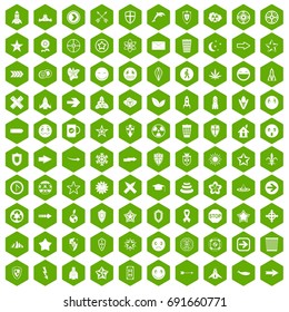100 logotype icons set in green hexagon isolated vector illustration