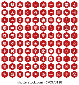 100 logotype icons set in red hexagon isolated vector illustration