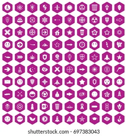 100 logotype icons set in violet hexagon isolated vector illustration