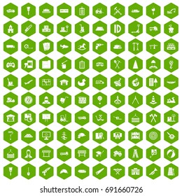 100 lorry icons set in green hexagon isolated vector illustration