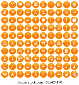 100 lorry icons set in orange circle isolated on white vector illustration