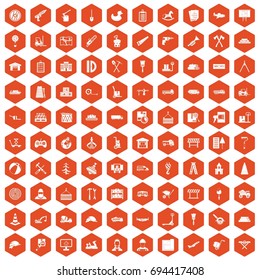 100 lorry icons set in orange hexagon isolated vector illustration