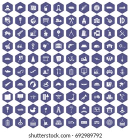 100 lorry icons set in purple hexagon isolated vector illustration