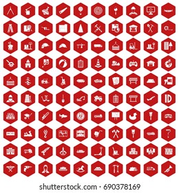 100 lorry icons set in red hexagon isolated vector illustration