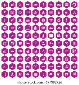 100 lorry icons set in violet hexagon isolated vector illustration