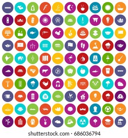 100 lotus icons set in different colors circle isolated vector illustration