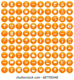 100 lotus icons set in orange circle isolated vector illustration
