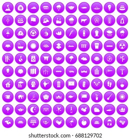 100 lotus icons set in purple circle isolated vector illustration
