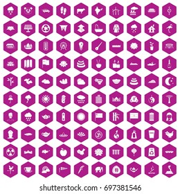 100 lotus icons set in violet hexagon isolated vector illustration