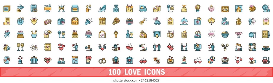 100 love icons set. Color line set of love vector icons thin line color flat on white