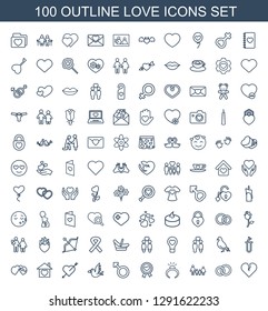 100 love icons. Trendy love icons white background. Included outline icons such as broken heart, engagement rings, family, ring, heart ribbon, woman. love icon for web and mobile.
