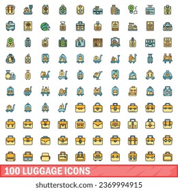 100 luggage icons set. Color line set of luggage vector icons thin line color flat on white