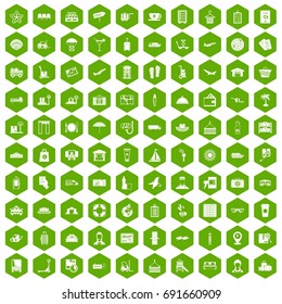 100 luggage icons set in green hexagon isolated vector illustration