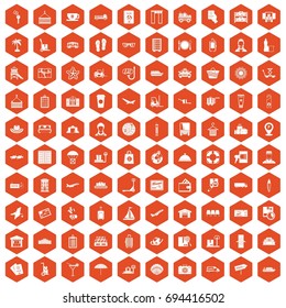 100 luggage icons set in orange hexagon isolated vector illustration