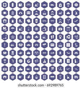 100 luggage icons set in purple hexagon isolated vector illustration