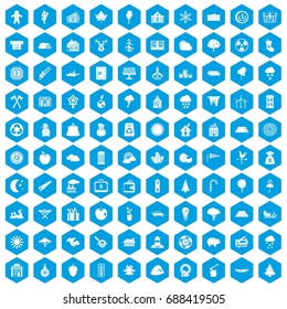 100 lumberjack icons set in blue hexagon isolated vector illustration