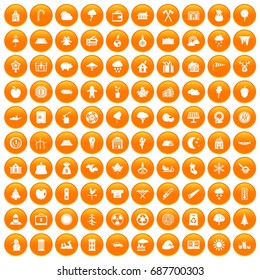 100 lumberjack icons set in orange circle isolated vector illustration