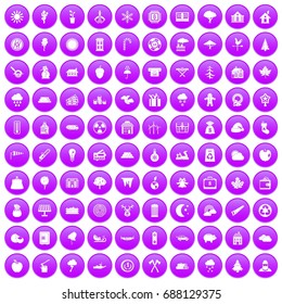 100 lumberjack icons set in purple circle isolated vector illustration