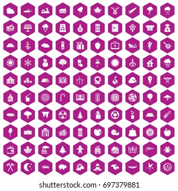 100 lumberjack icons set in violet hexagon isolated vector illustration