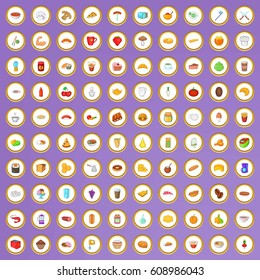 100 lunch icons set in cartoon style on purple background vector illustration