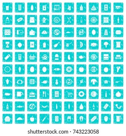 100 lunch icons set in grunge style blue color isolated on white background vector illustration