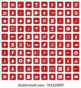 100 lunch icons set in grunge style red color isolated on white background vector illustration