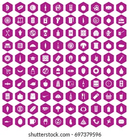 100 lunch icons set in violet hexagon isolated vector illustration