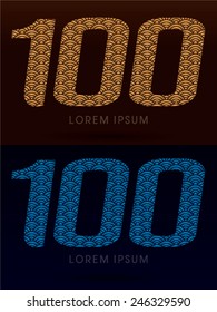 100 ,Luxury font ,designed using gold and blue bold  line, concept shape from water, river, sea, ocean, fish scale, logo, symbol, icon, graphic, vector.