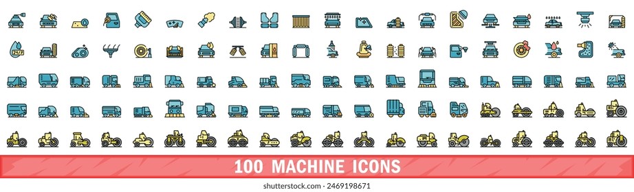 100 machine icons set. Color line set of machine vector icons thin line color flat on white