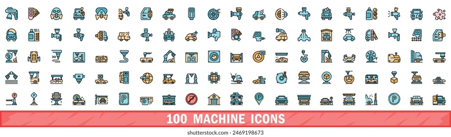 100 machine icons set. Color line set of machine vector icons thin line color flat on white