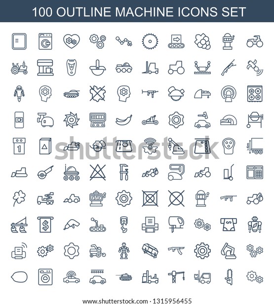 100\
machine icons. Trendy machine icons white background. Included\
outline icons such as gear, chainsaw, forklift, construction crane,\
tank, car wash. machine icon for web and\
mobile.