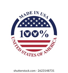 100% made in usa stamp circle vector design with united states flag element, national product label	