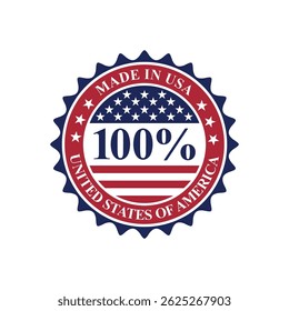 100% made in usa stamp circle vector design with united states flag element, national product label	