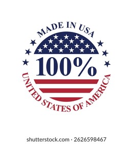 100% made in usa stamp circle vector design with united states flag element, national product label	