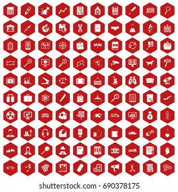 100 magnifier icons set in red hexagon isolated vector illustration