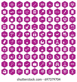 100 magnifier icons set in violet hexagon isolated vector illustration