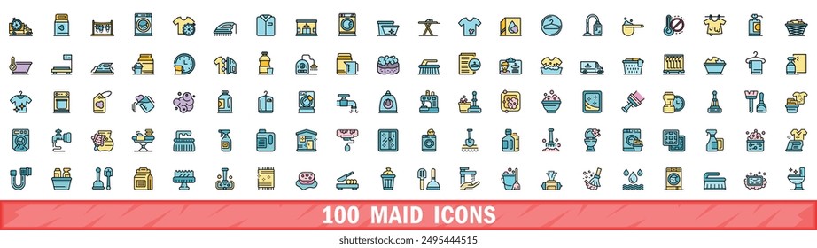 100 iconos de mucama. Conjunto de línea de color de iconos vectoriales de criada línea fina de color plana en blanco