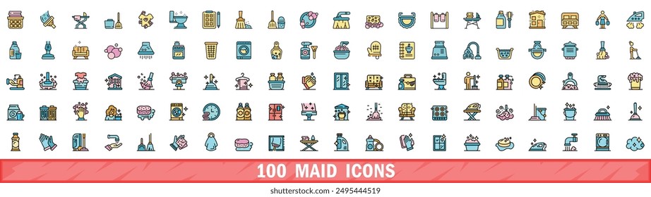 100 maid icons set. Color line set of maid vector icons thin line color flat on white