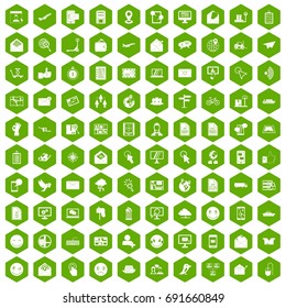 100 mail icons set in green hexagon isolated vector illustration