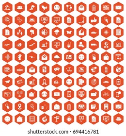 100 mail icons set in orange hexagon isolated vector illustration