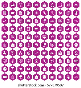 100 mail icons set in violet hexagon isolated vector illustration