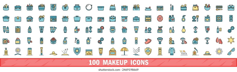 100 makeup icons set. Color line set of makeup vector icons thin line color flat on white