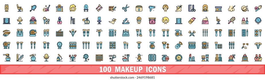 100 makeup icons set. Color line set of makeup vector icons thin line color flat on white