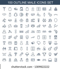 100 male icons. Trendy male icons white background. Included outline icons such as muscular arm on phone, swimming hat and glasses, user communicatrion. male icon for web and mobile.